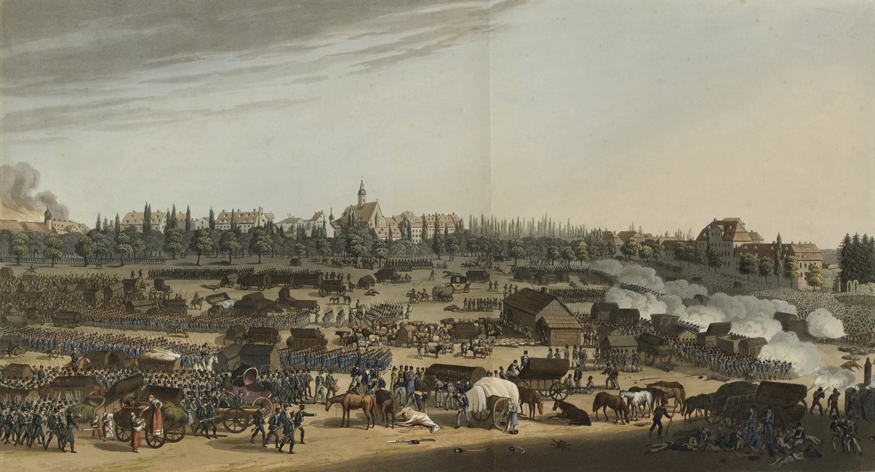 Bitwa pod Lipskiem, 16-19 października 1813, z Ilustrowany zapis ważnych wydarzeń w Rocznikach Europy z lat 1812, 1813, 1814 i 1815, 1815 (akwatinta kolorowa) autorstwa English School