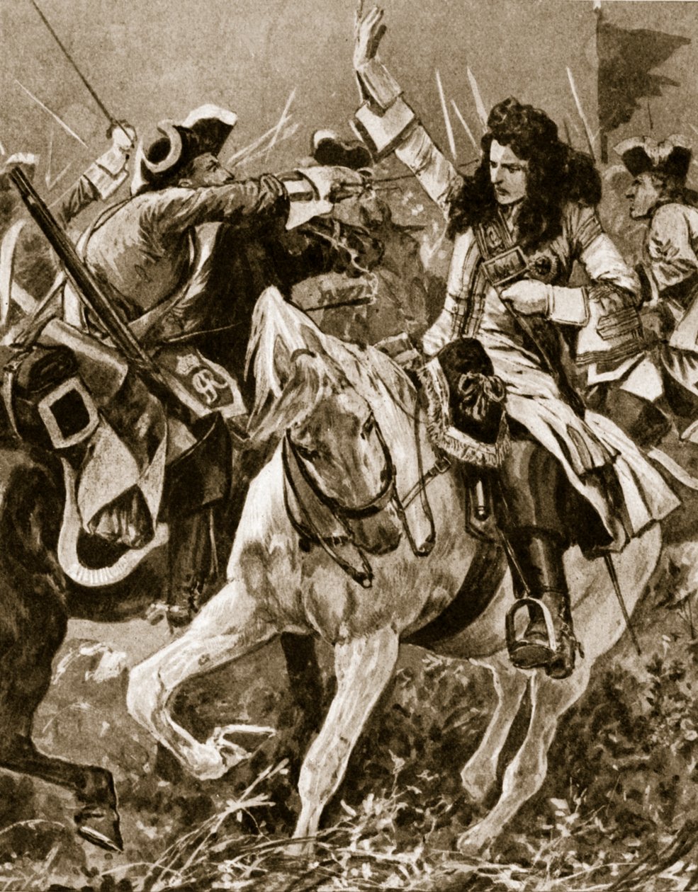 Bitwa pod Malplaquet, 11 września 1709: Kawaler St. George ranny podczas wojny o sukcesję hiszpańską; autorstwa English School