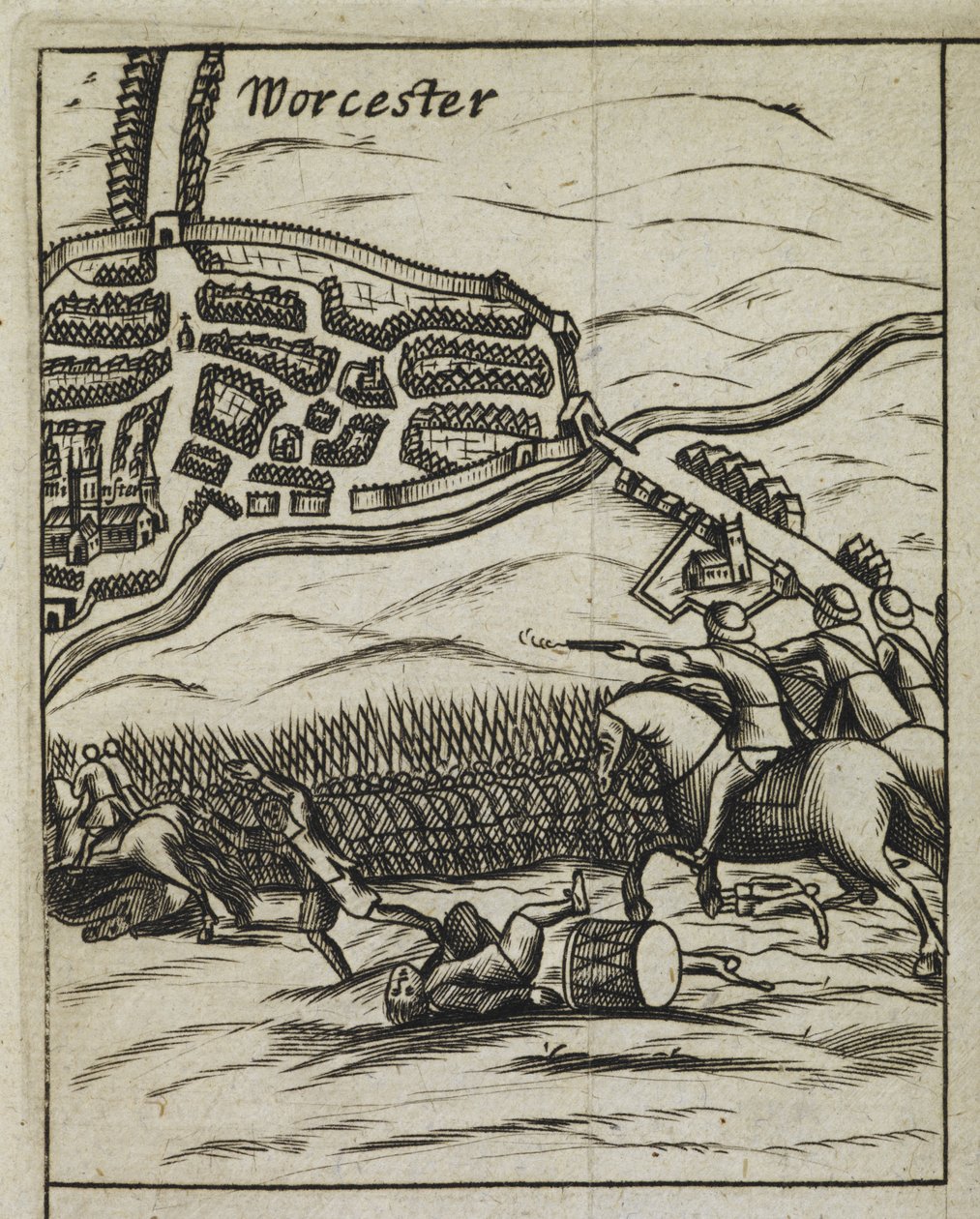 Scena bitwy pod Worcester, z „Historii najwspanialszego zachowania jego świętych majestatu po bitwie pod Worcester” autorstwa English School