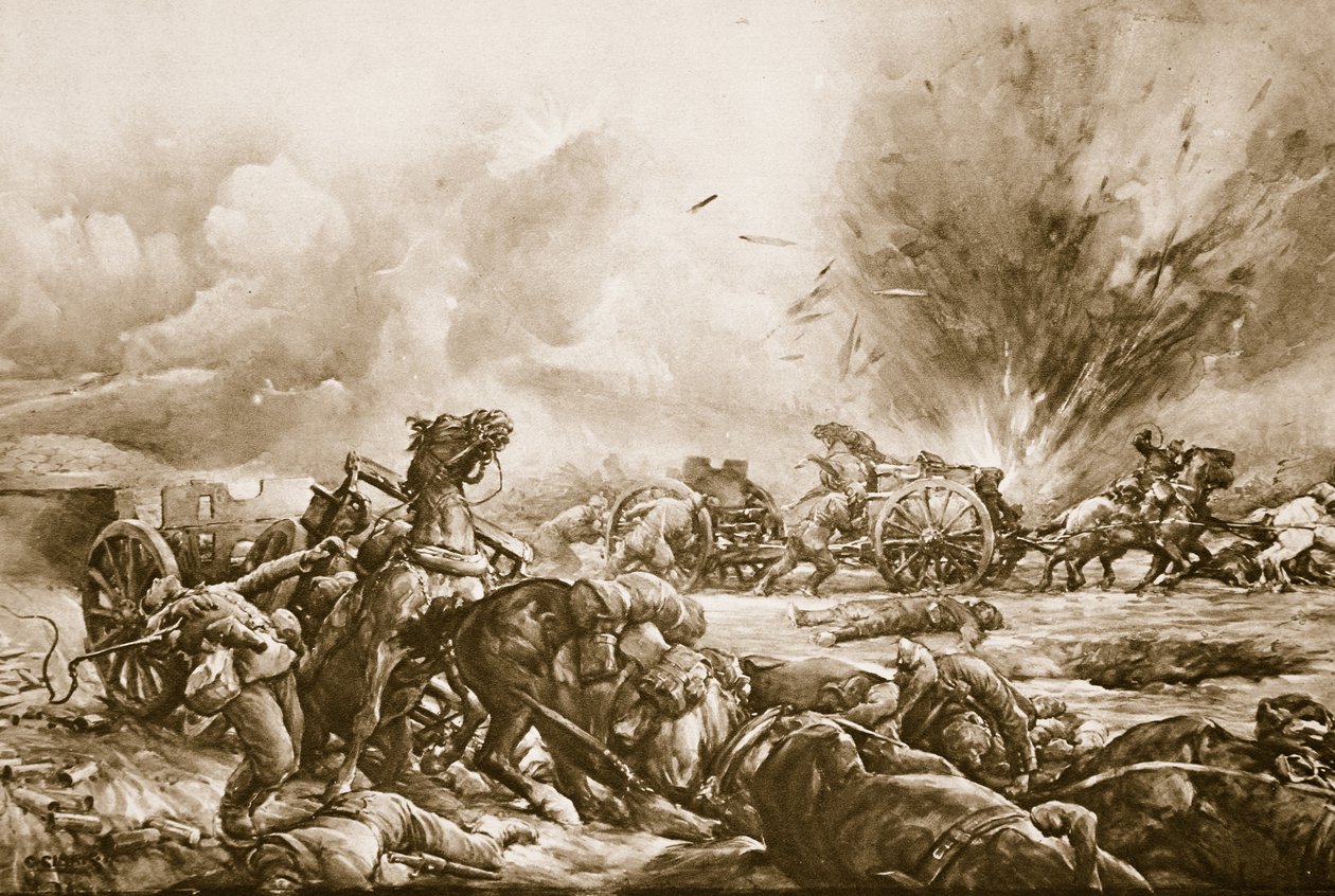 Bawarska bateria złapana przez brytyjski ostrzał artyleryjski podczas wspinania się na południe od Rapaume Road, 1914-19 autorstwa English School