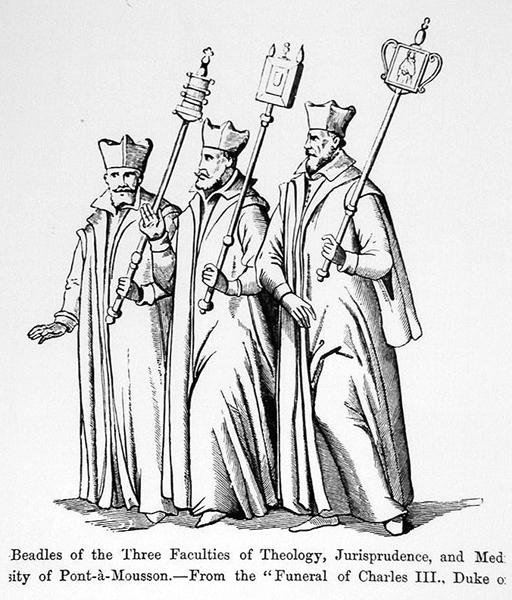 Beadles z trzech wydziałów teologii, prawoznawstwa i medycyny, z Pogrzebu Karola III (1543-1608) księcia Lotaryngii, ilustracja z Średniowiecza i literatury autorstwa English School