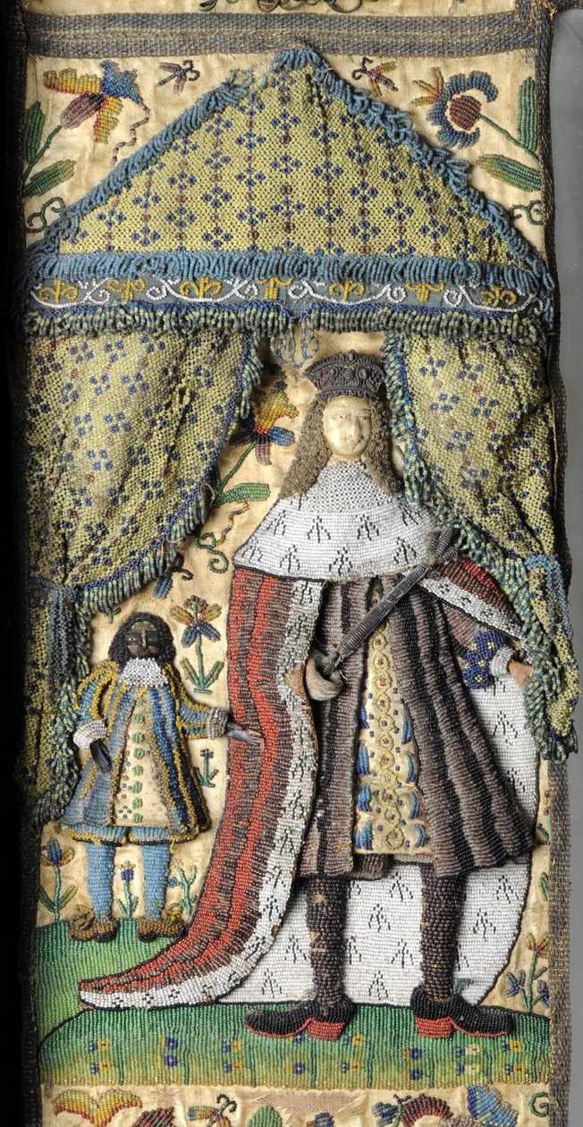 Lustro z koralików, ok. 1672-79 (nici jedwabne, metalowe i skórzane ze szklanymi koralikami i cekinami na jedwabiście satynowym podłożu w dębowej oprawie) autorstwa English School
