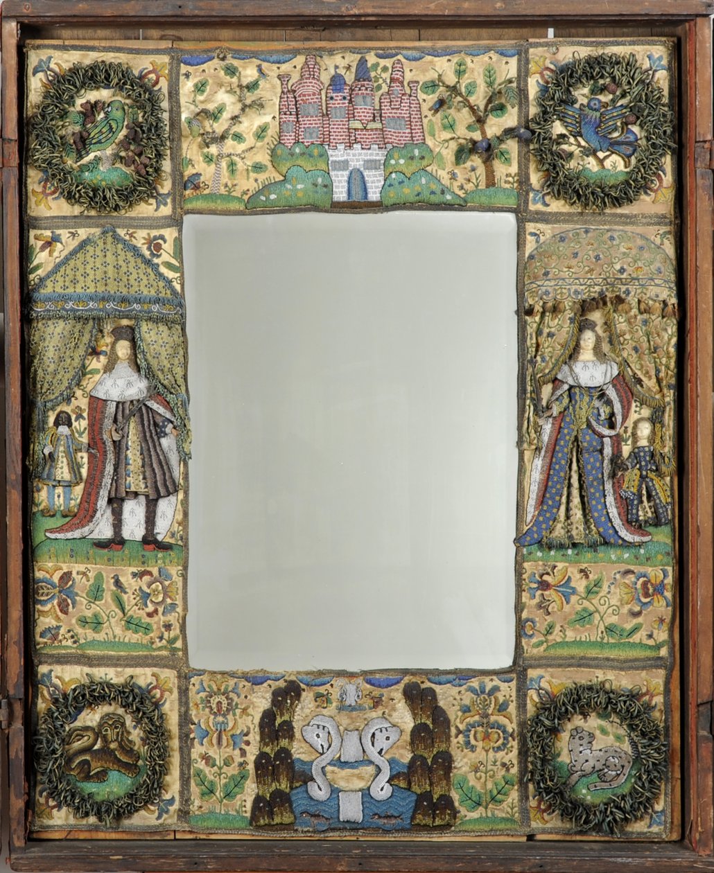 Lustro z koralików, ok. 1672-79 (nici jedwabne, metalowe i skórzane ze szklanymi koralikami i cekinami na jedwabno-satynowym podłożu w dębowej oprawie) autorstwa English School