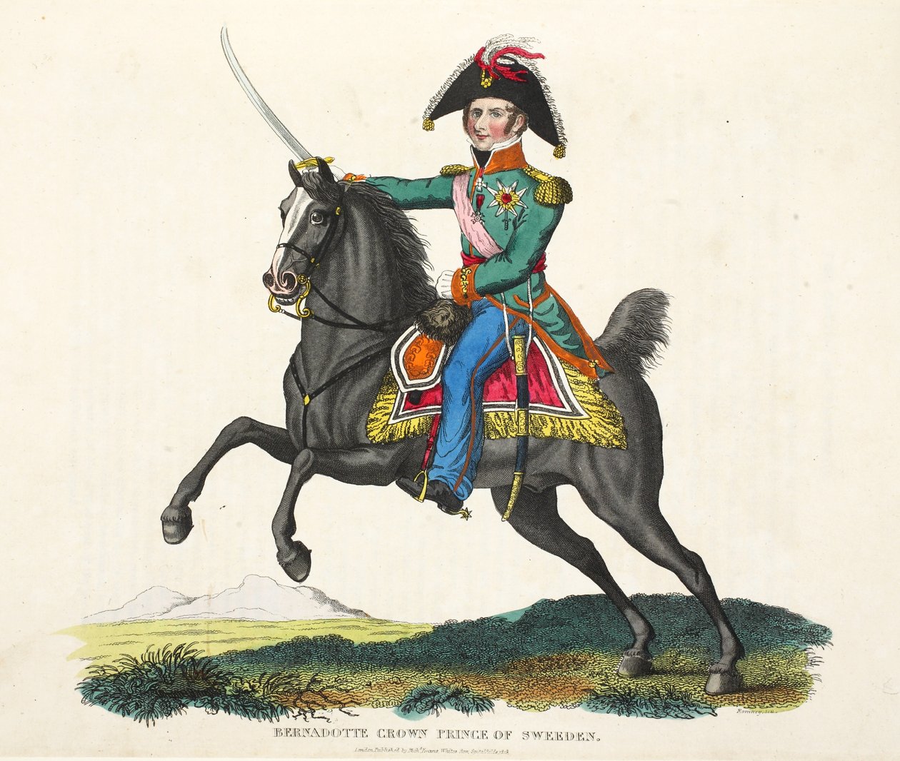 Bernadotte, następca tronu Szwecji, wyd. Richard Evans, inż Romney, ilustracja z Historycznego sprawozdania z bitwy pod Waterloo autorstwa Williama Mudforda, 1816 autorstwa English School