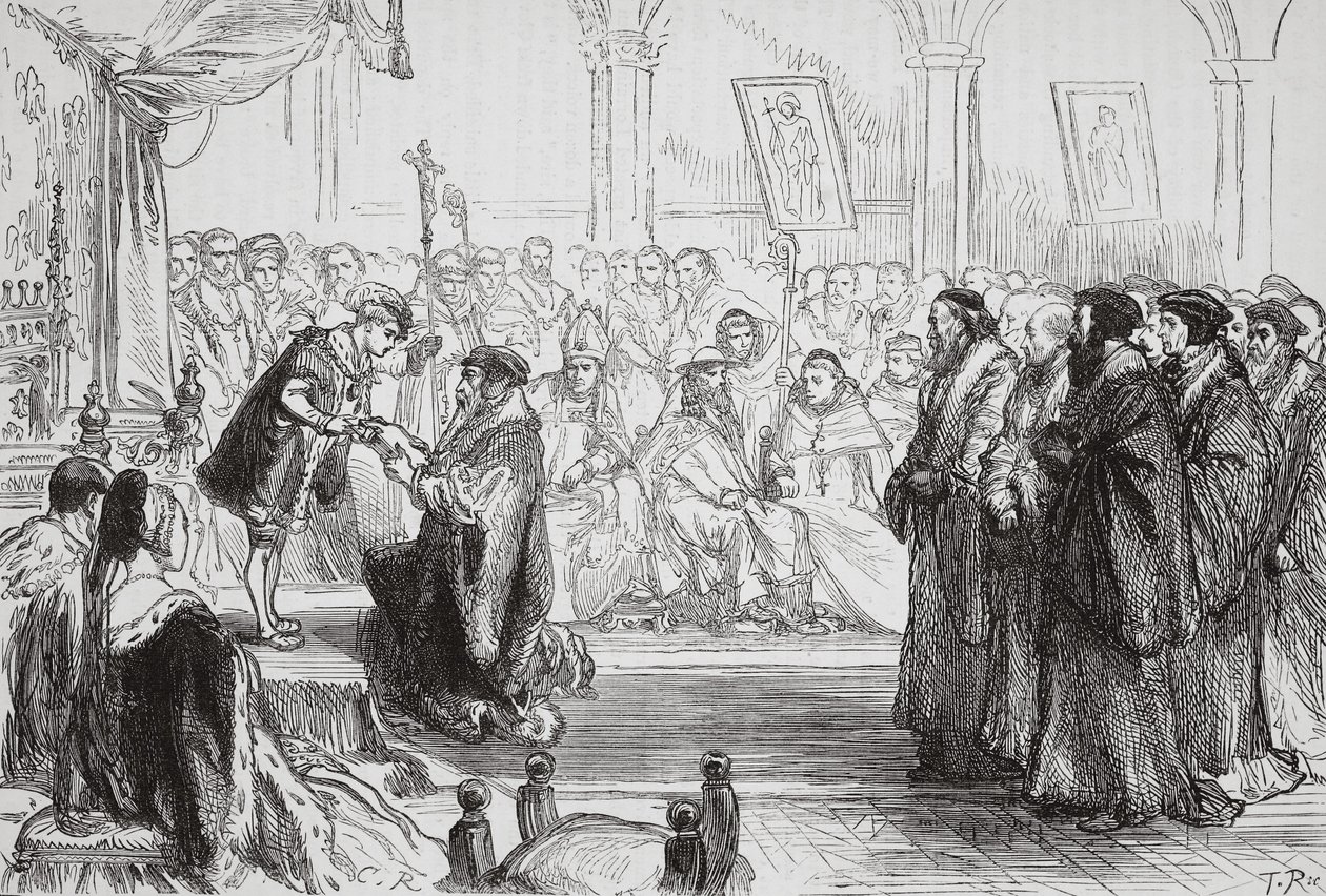 Beza przedstawia królowi spowiedź francuskiego kościoła protestanckiego podczas kolokwium w Poissy, ilustracja z Historii protestantyzmu Jamesa Aitkena Wylie (1808-1890), wyd. 1878 (engra autorstwa English School