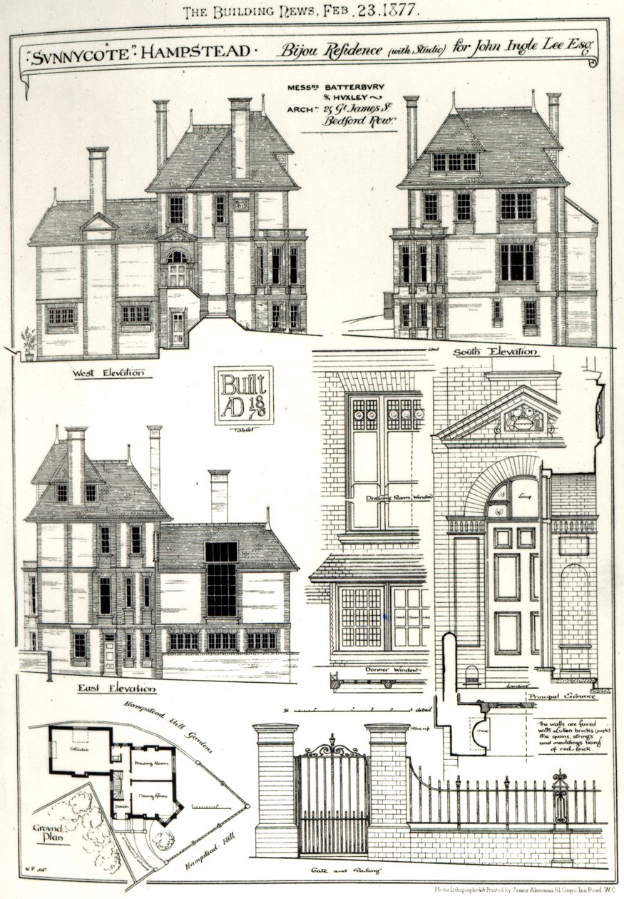 Bijou Residence Sunnycote, Hampstead, (ze studiem) dla Johna Ingle Lee Esq, z The Building News, 23 lutego 1877 News, 23 lutego 1877 autorstwa English School
