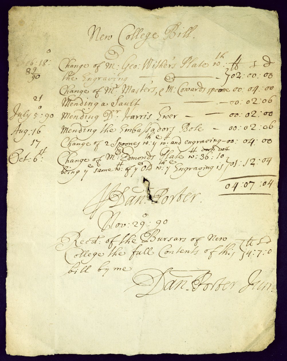 Rachunek Daniela Portera do New College, 1690 autorstwa English School