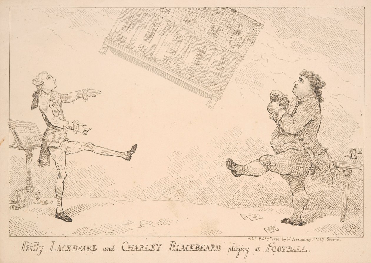 Billy Blackbeard i Charley Blackbeard grający w piłkę nożną, satyryczna kreskówka nawiązująca do ustawy East India Bill, opublikowana przez W. Humphreya, 1744 autorstwa English School