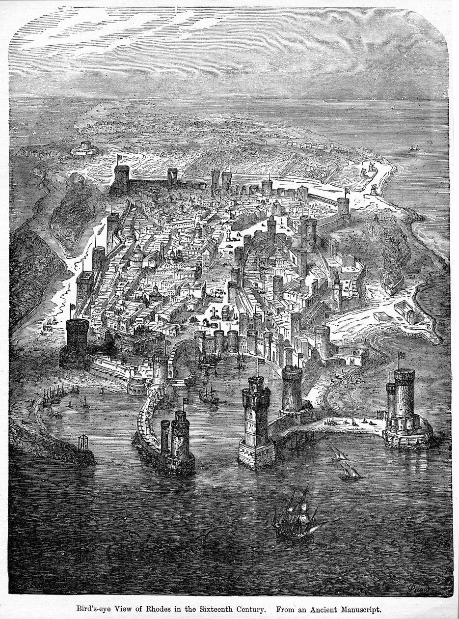 Widok z lotu ptaka na Rodos w XVI wieku, ze starożytnego rękopisu, z „Ilustrowanej historii Anglii Cassella” tom. 2, opublikowany 1873 autorstwa English School