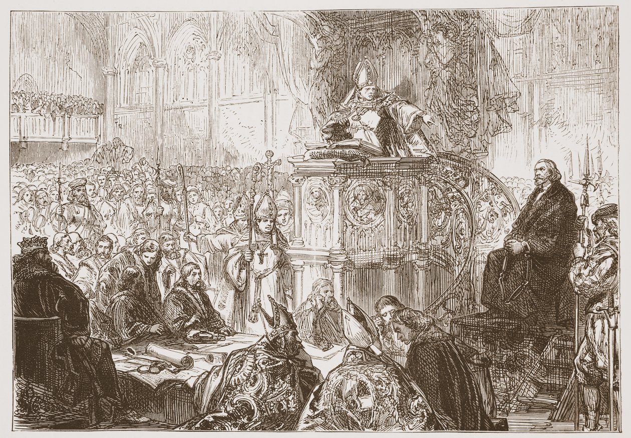 Biskup Lodi przemawia na procesie Hussa, ilustracja z Historii protestantyzmu Jamesa Aitkena Wylie (1808-1890), wyd. 1878 autorstwa English School