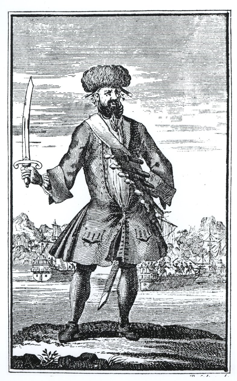 Pirat Czarnobrody, z Ogólnej historii rabunków i morderstw najbardziej znanych piratów autorstwa kapitana Charlesa Johnsona, opublikowane w 1724 r. autorstwa English School