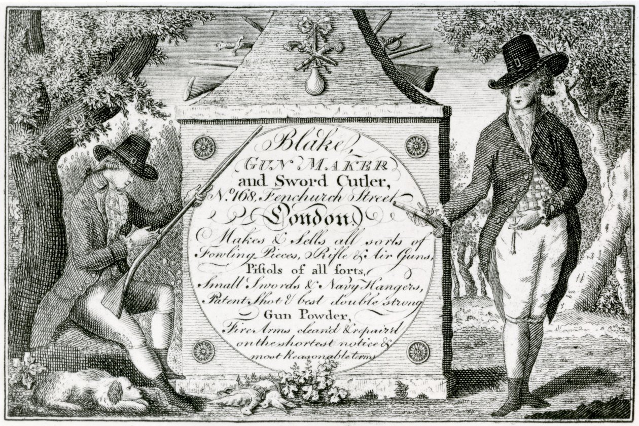Blake, Gunmaker i Sword Cutler, etykieta na broń (grawerowanie) autorstwa English School