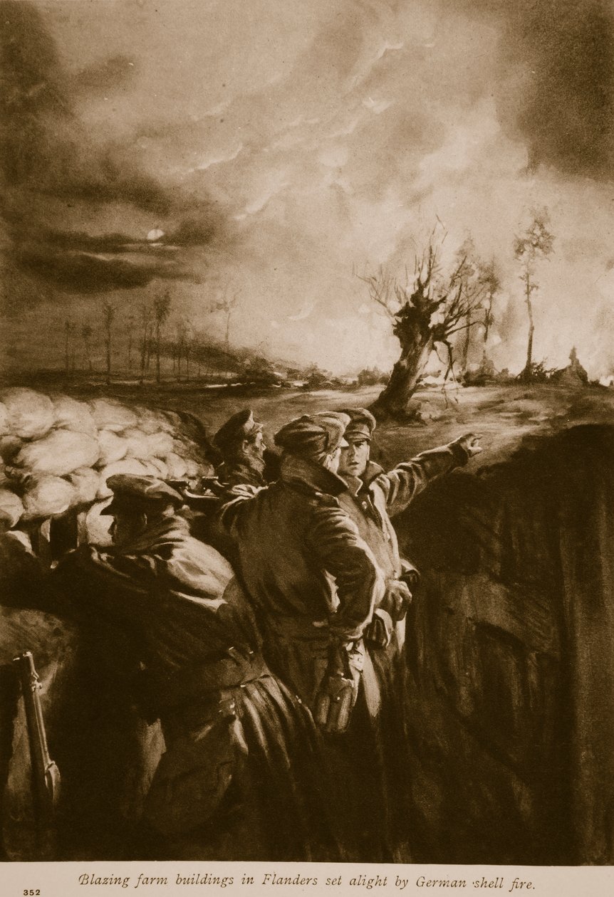 Płonące budynki gospodarcze we Flandrii podpalone przez niemiecki ostrzał pocisków, 1914-19 autorstwa English School