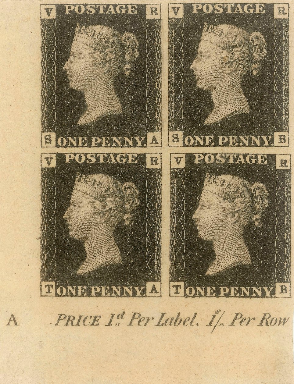 Blok znaczków Penny Black, ok. 1840 (znaczki pocztowe) autorstwa English School