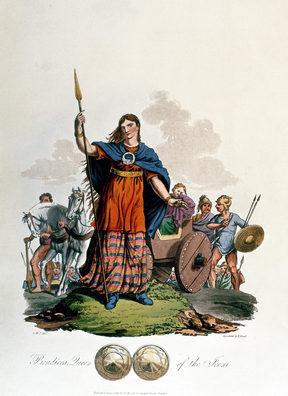 Boadicea, królowa Icenów, zaprojektowana przez C.H.S., rytowana przez Richarda Havella Starszego, opublikowana w 1815 r. (akwatinta) autorstwa English School