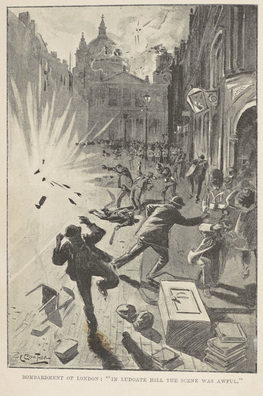 Bombardowanie Londynu: „W Ludgate Hill scena była okropna”, ilustracja z okładki z „Wielkiej wojny w Anglii w 1897” autorstwa Williama Le Queux autorstwa English School
