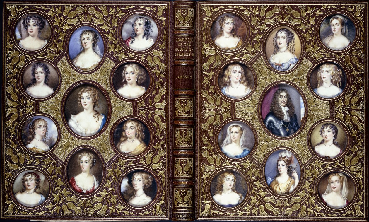 Okładka książki z dwudziestoma dwiema miniaturami portretowymi Karola II i pięknych kobiet jego dworu, 1833 autorstwa English School