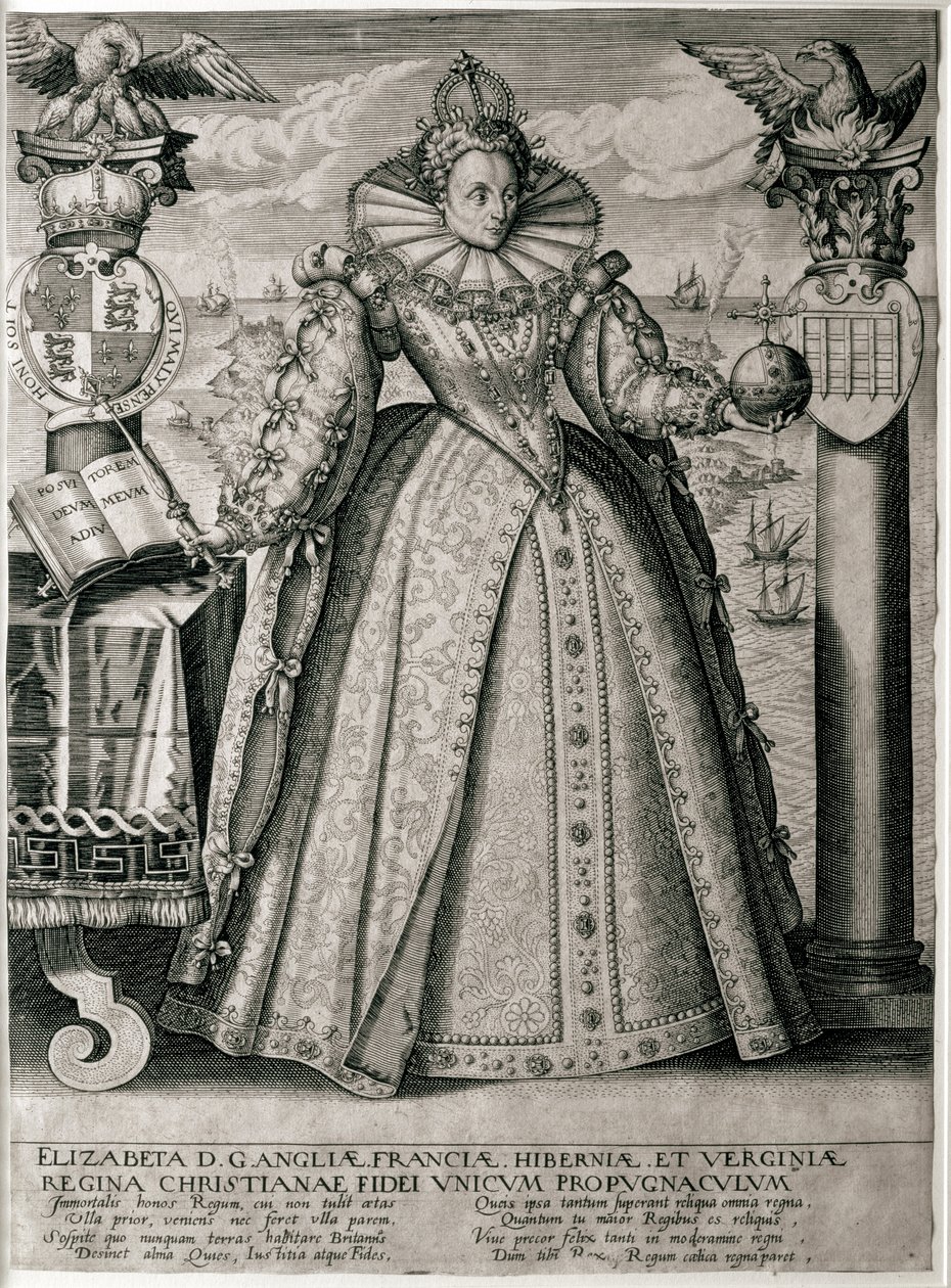 Frontyspis książkowy poświęcony królowej Elżbiecie jest szczęśliwe i dostatnie panowanie, 1596 autorstwa English School