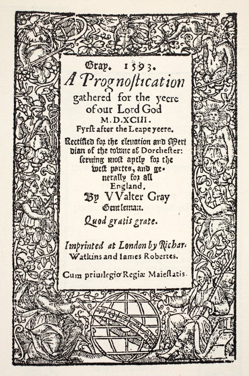 Granica z kulą ziemską u podnóża, Prognostyka Waltera Graya, wydrukowana przez Watkinsa i Robertsa, 1593 autorstwa English School