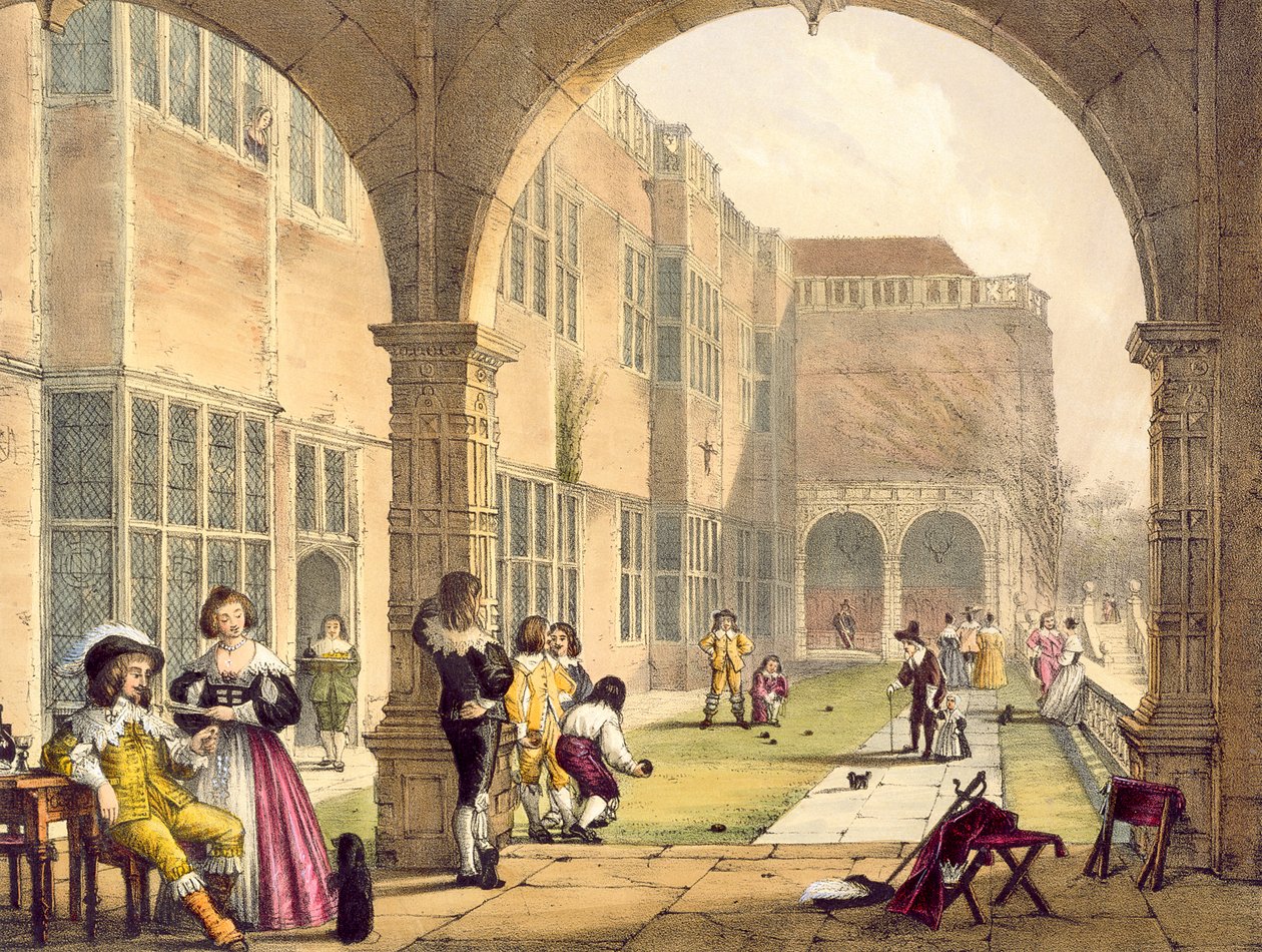 Miski na tarasie w Bramshill w 1600, z Architektura średniowiecza Josepha Nasha, opublikowane w 1838 autorstwa English School
