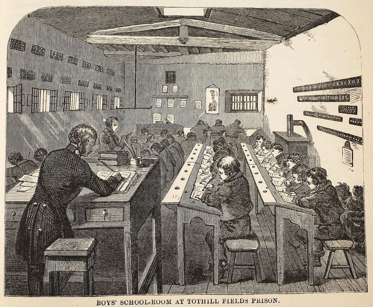 Sala szkolna dla chłopców w więzieniu Tothill Fields, ilustracja z The Criminal Prisons of London i Scenes from Prison Life Henry