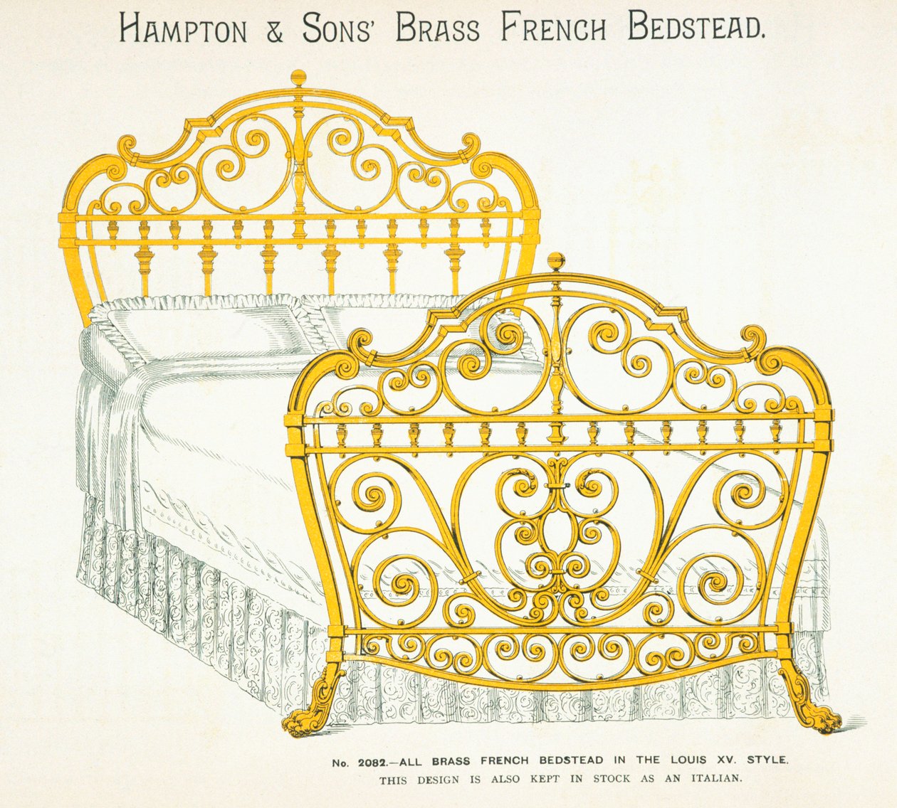 Mosiężne łoże francuskie z katalogu mebli Hampton and Sons, 1902 r. autorstwa English School