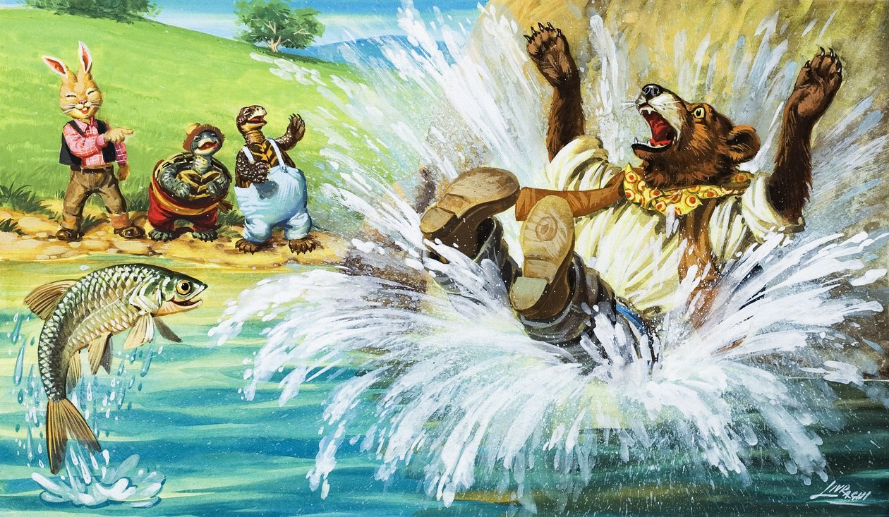 Brer Bear wpadający do rzeki (gwasz na papierze) autorstwa English School
