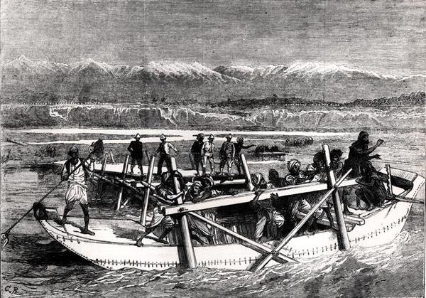 Mostkowanie rzeki Kabul w Jellalabad (rycina) (zdjęcie czarno-białe) autorstwa English School