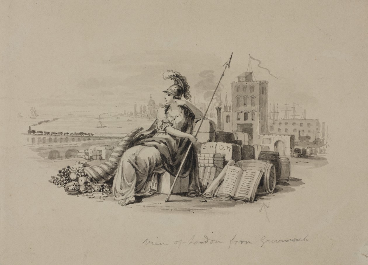Britannia, Widok Londynu z Greenwich (pióro i atrament z praniem na papierze) autorstwa English School