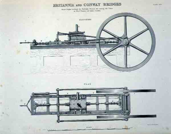 Mosty Britannia i Conway: Silnik parowy pracujący na prasach hydraulicznych do podnoszenia rur, panowie Easton i Amos z Londynu (litografia) autorstwa English School