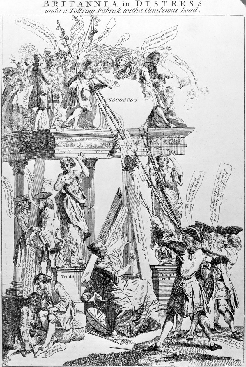 Britannia w niebezpieczeństwie pod miotającym się tkaniną z ciężkim ładunkiem, ok. 1756 r. autorstwa English School