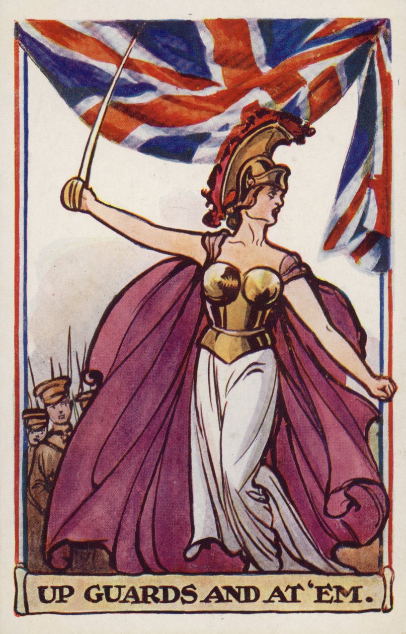 Britannia z żołnierzami i flagą unii (kolorowa litografia) autorstwa English School