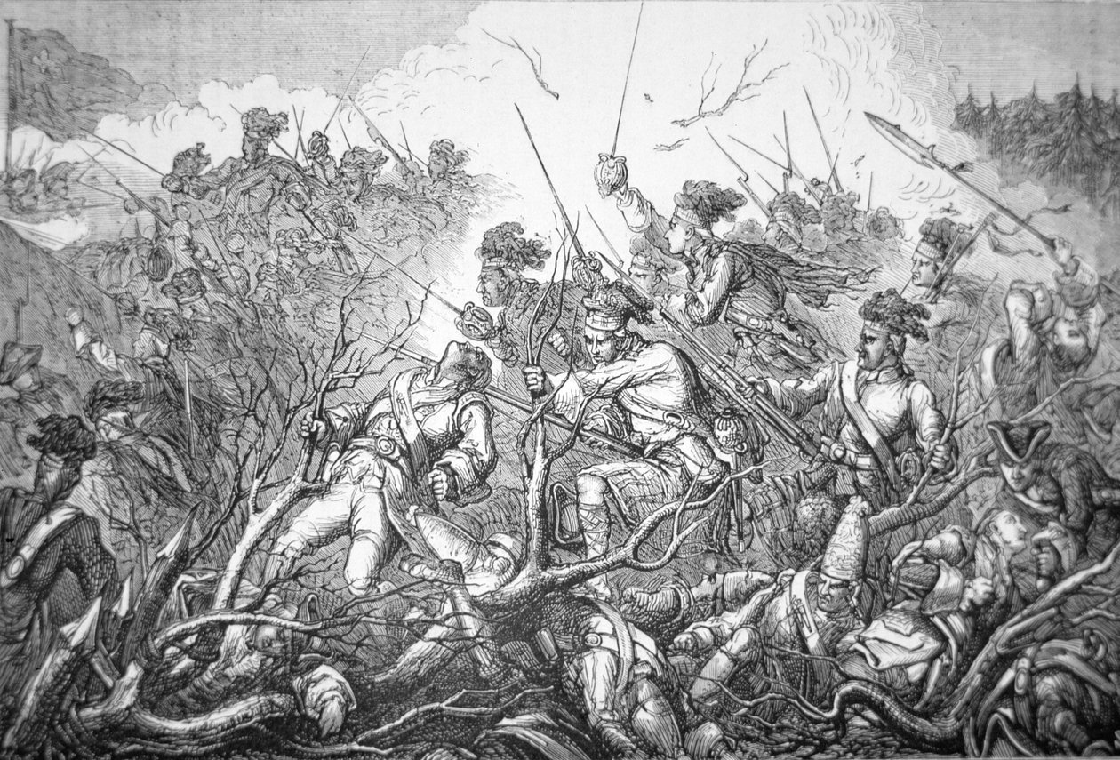 Brytyjski atak na Fort Ticonderoga 8 lipca 1758 (rycina) autorstwa English School