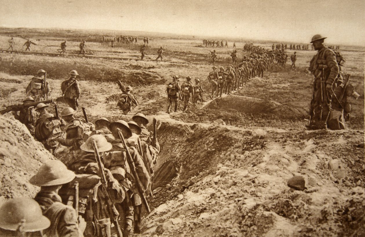 Brytyjska piechota naciera na Cambrai, 1914-19 autorstwa English School