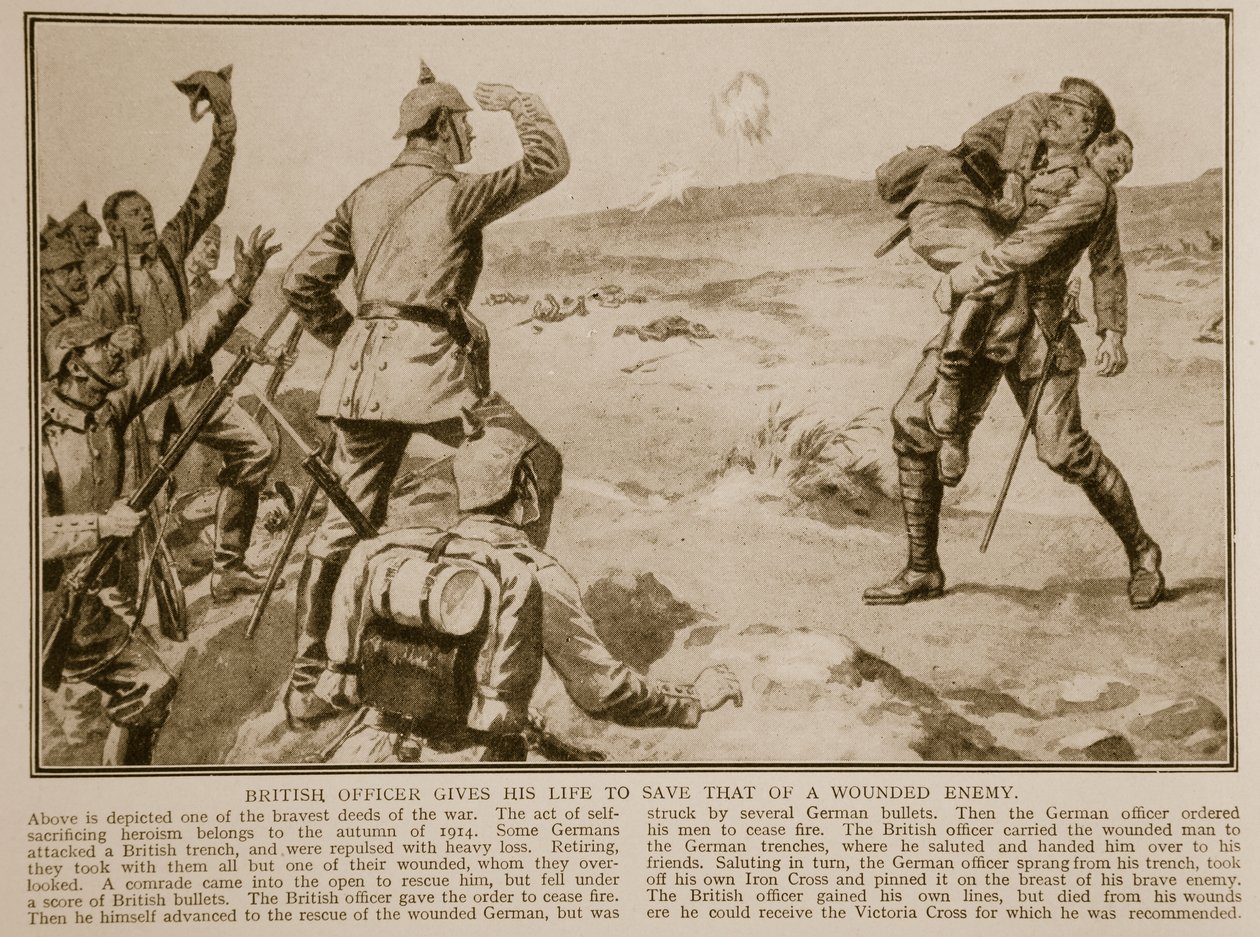 Brytyjski oficer oddaje swoje życie, aby uratować życie rannego wroga, 1914-19 autorstwa English School