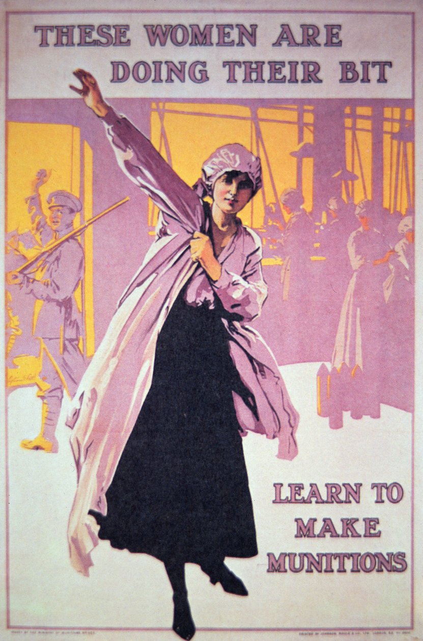Brytyjski plakat z I wojny światowej zachęcający kobiety do pracy w fabrykach amunicji, ok. 1914-18 (kolor lito) autorstwa English School
