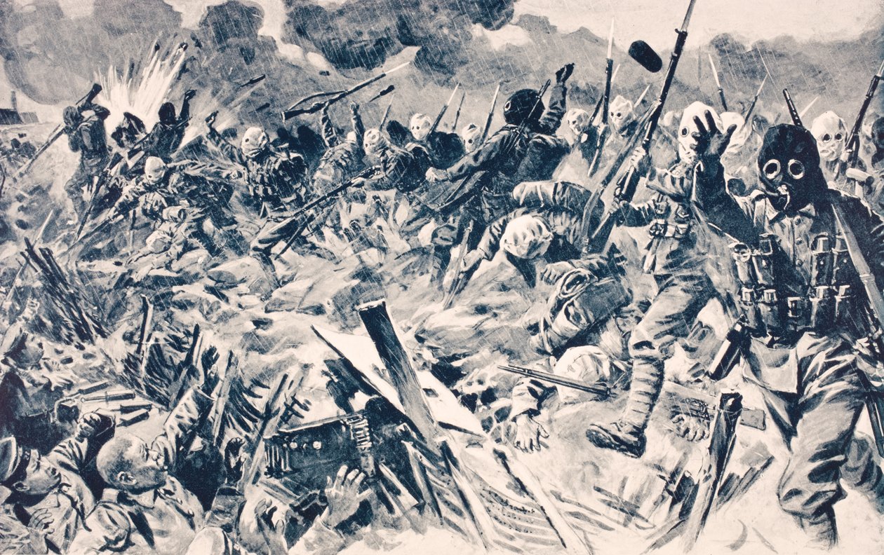 Wojska brytyjskie w maskach przeciwgazowych szarżują na niemieckie okopy w Loos we Francji, 25 września 1915, z „The War Illustrated Album deLuxe”, wydanego w Londynie, 1916 autorstwa English School