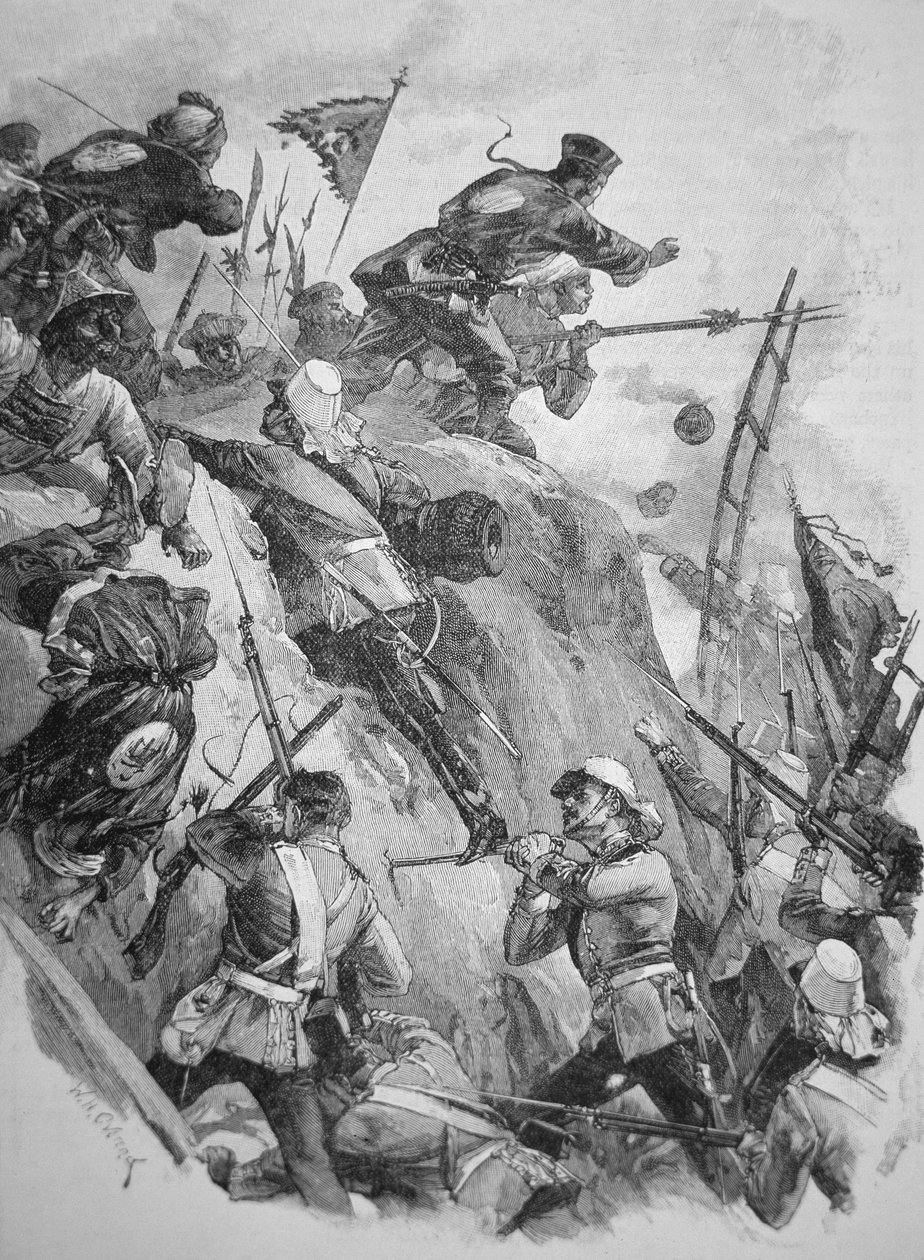 Wojska brytyjskie szturmujące forty Taku w Chinach w 1860 roku podczas wojen opiumowych (litografia) autorstwa English School
