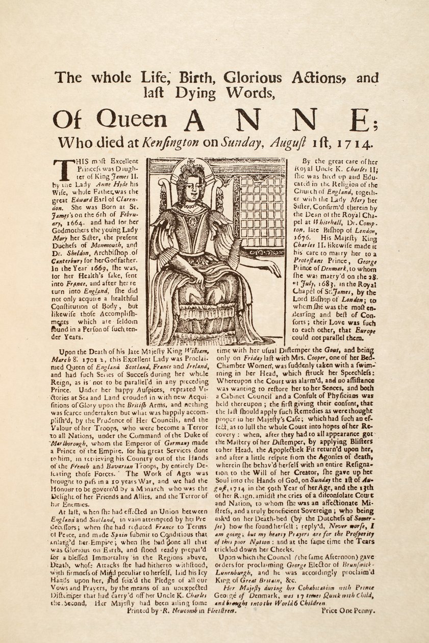 Broadside opublikowany po śmierci królowej Anny, w niedzielę 1 sierpnia 1714 (druk i drzeworyt) autorstwa English School