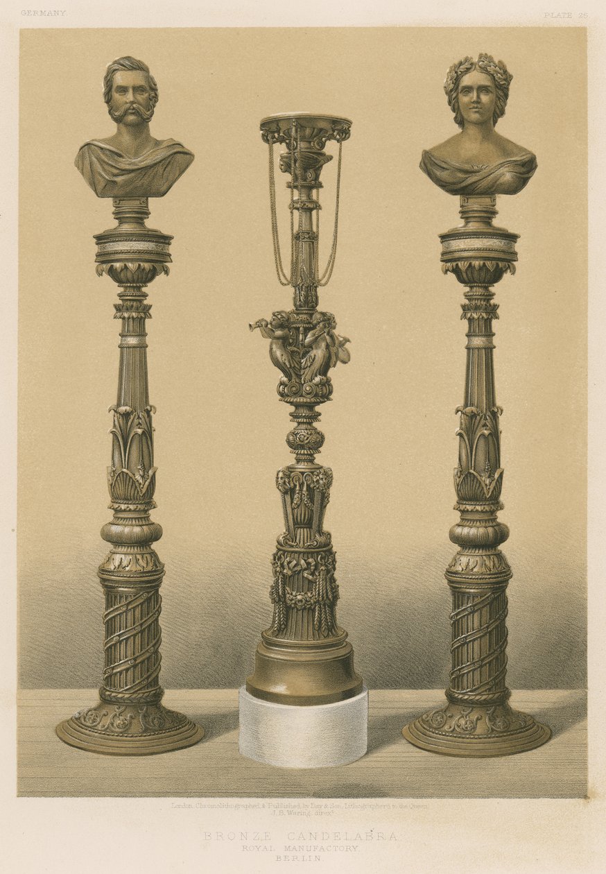 Kandelabr z brązu, Manufaktura Królewska, Berlin (chromolit) autorstwa English School