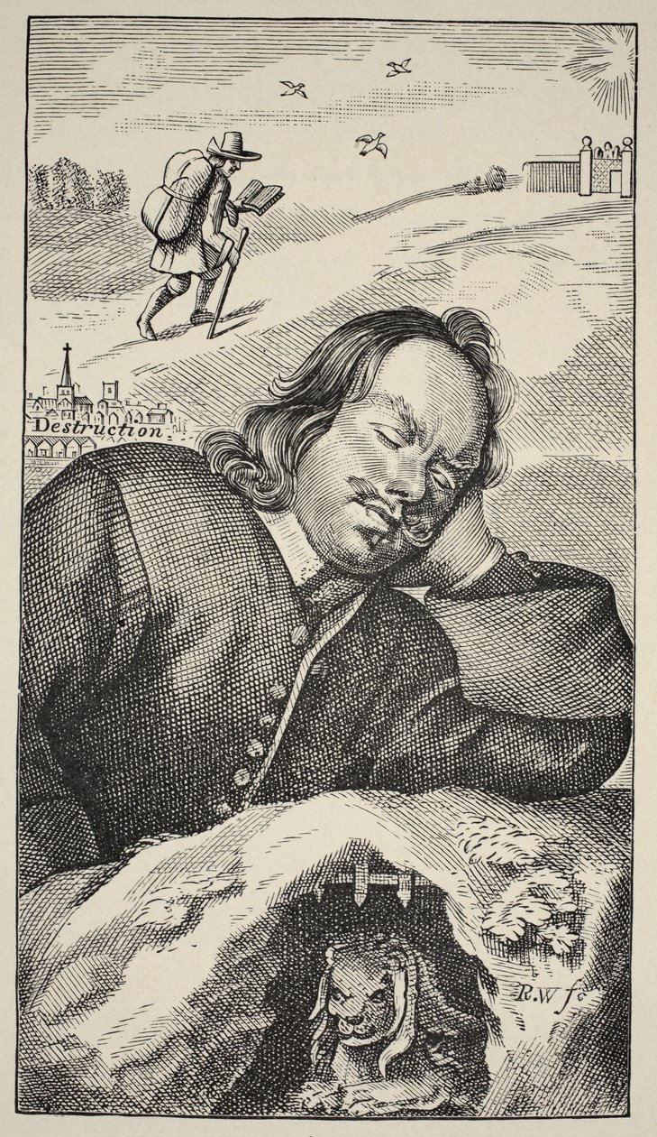 Bunyans Dream, frontyspis The Pilgrims Progress Johna Bunyana (1628-88), wydanie 4, wyd. 1680 (zdjęcie w sepii) autorstwa English School