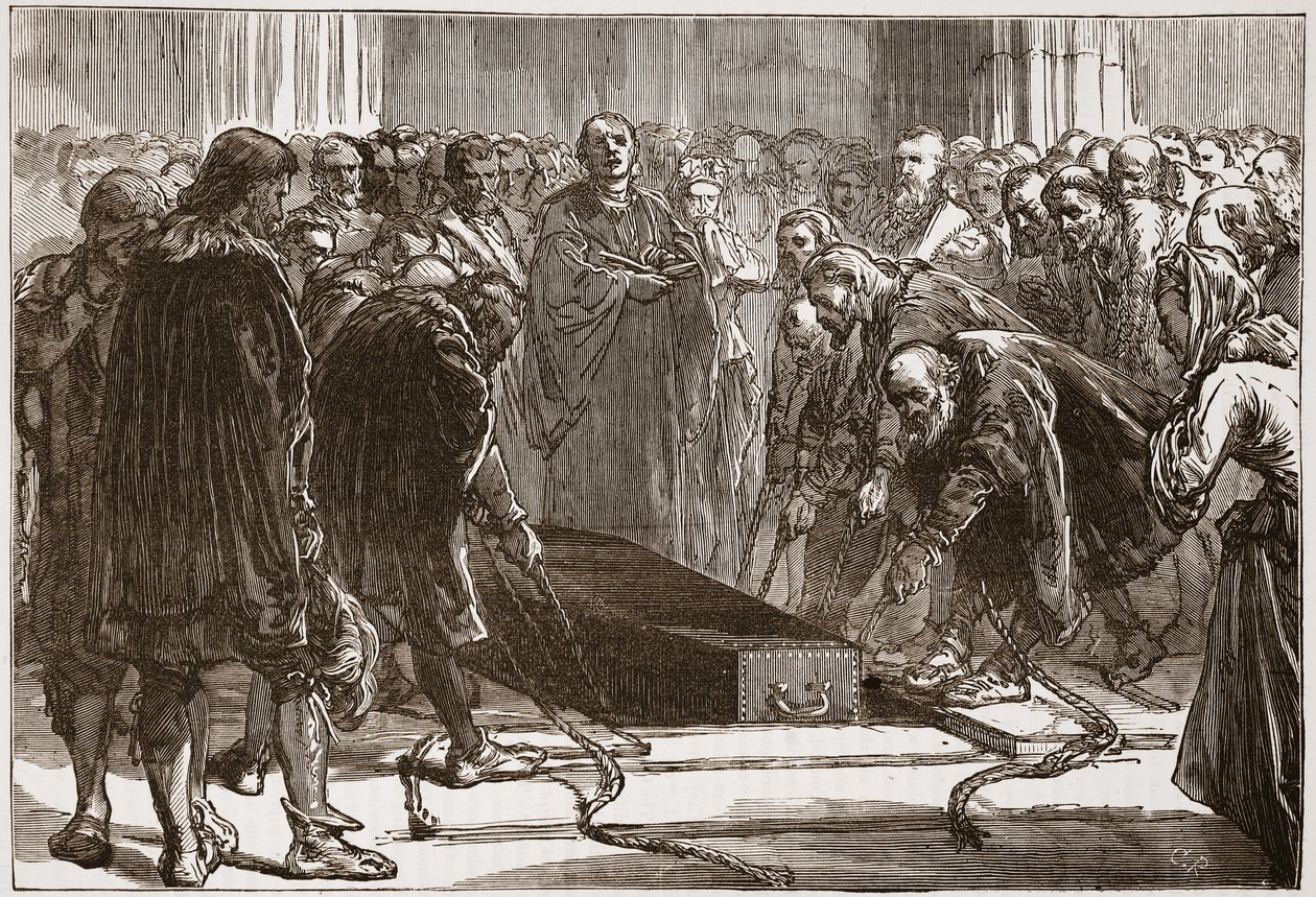 Pogrzeb Lutra w Schloss-Kirk w Wittemberdze, ilustracja z Historii protestantyzmu Jamesa Aitkena Wyliego (1808-1890), wyd. 1878 autorstwa English School