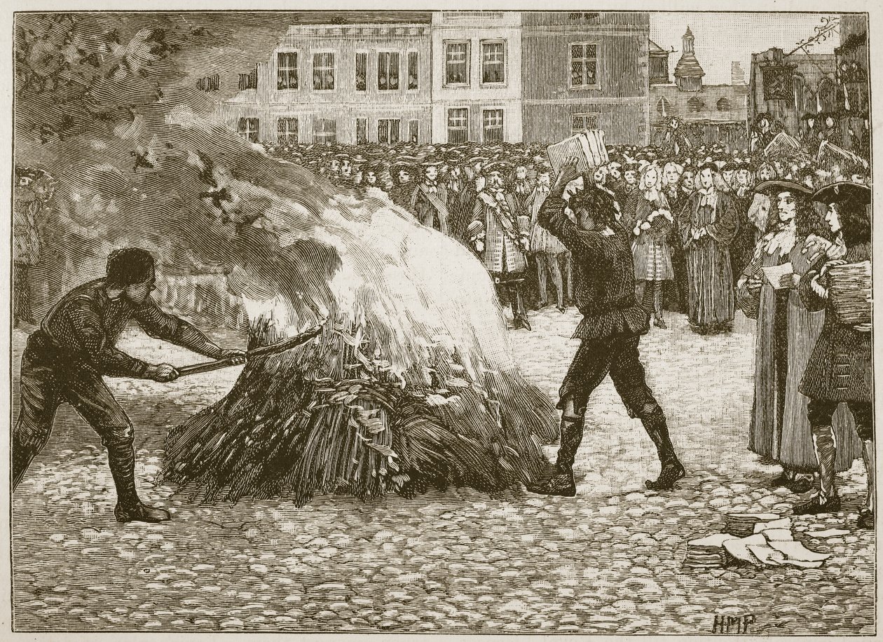 Broszura Burning of Blounts autorstwa kata, ilustracja z Cassells Illustrated History of England (zdjęcie w sepii) autorstwa English School