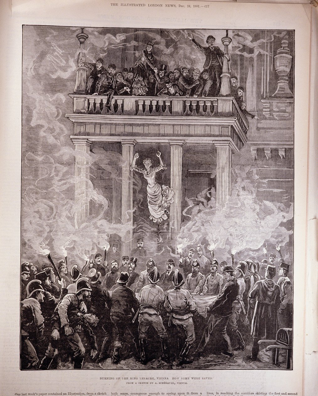 Spalenie Teatru Ring w Wiedniu: Jak ocalono niektórych, z "The Illustrated London News", 24 grudnia 1881 (rycina) autorstwa English School