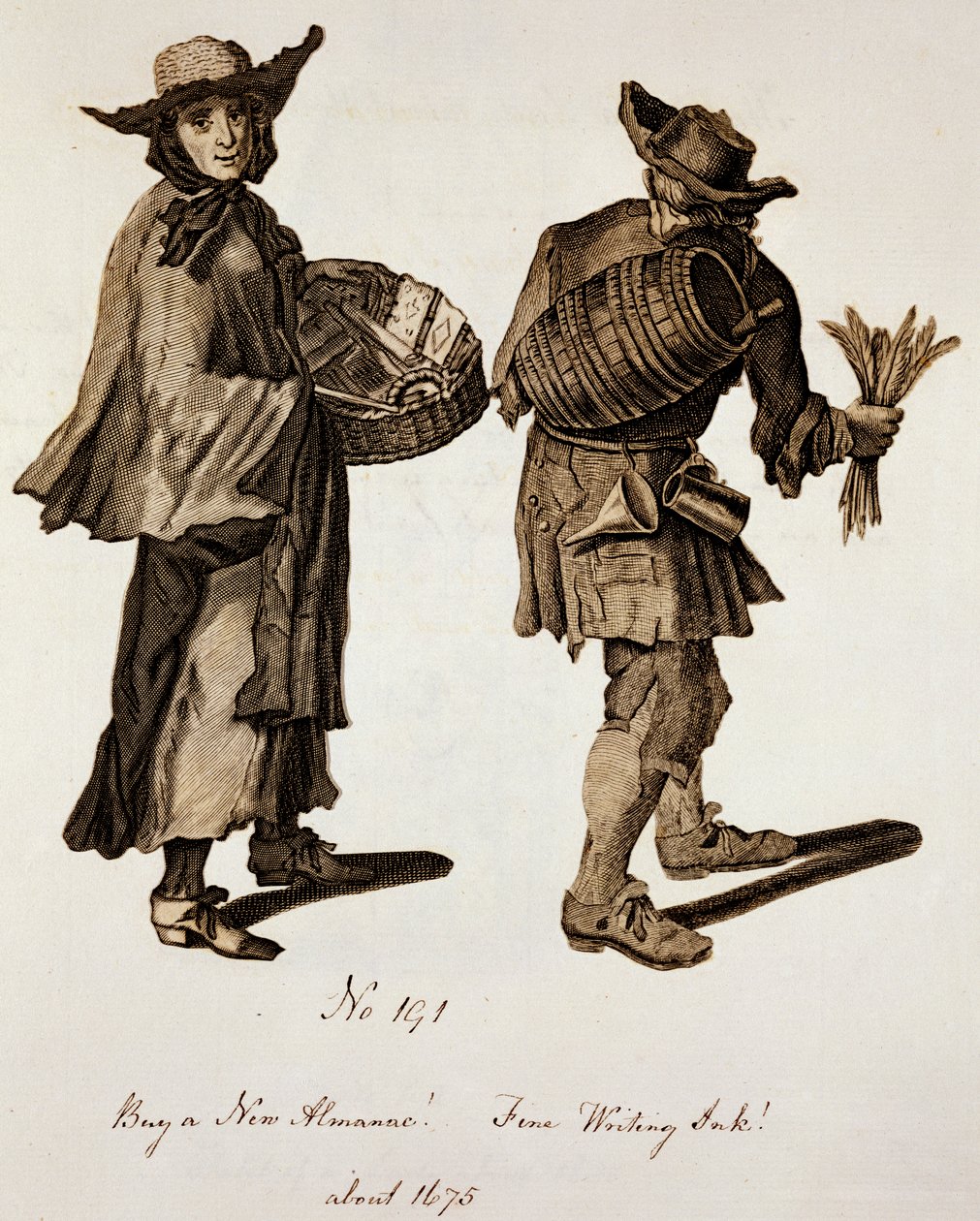 Kup nowy almanach! Świetny atrament pisarski!, ilustracja sprzedawców ulicznych około 1675 autorstwa English School
