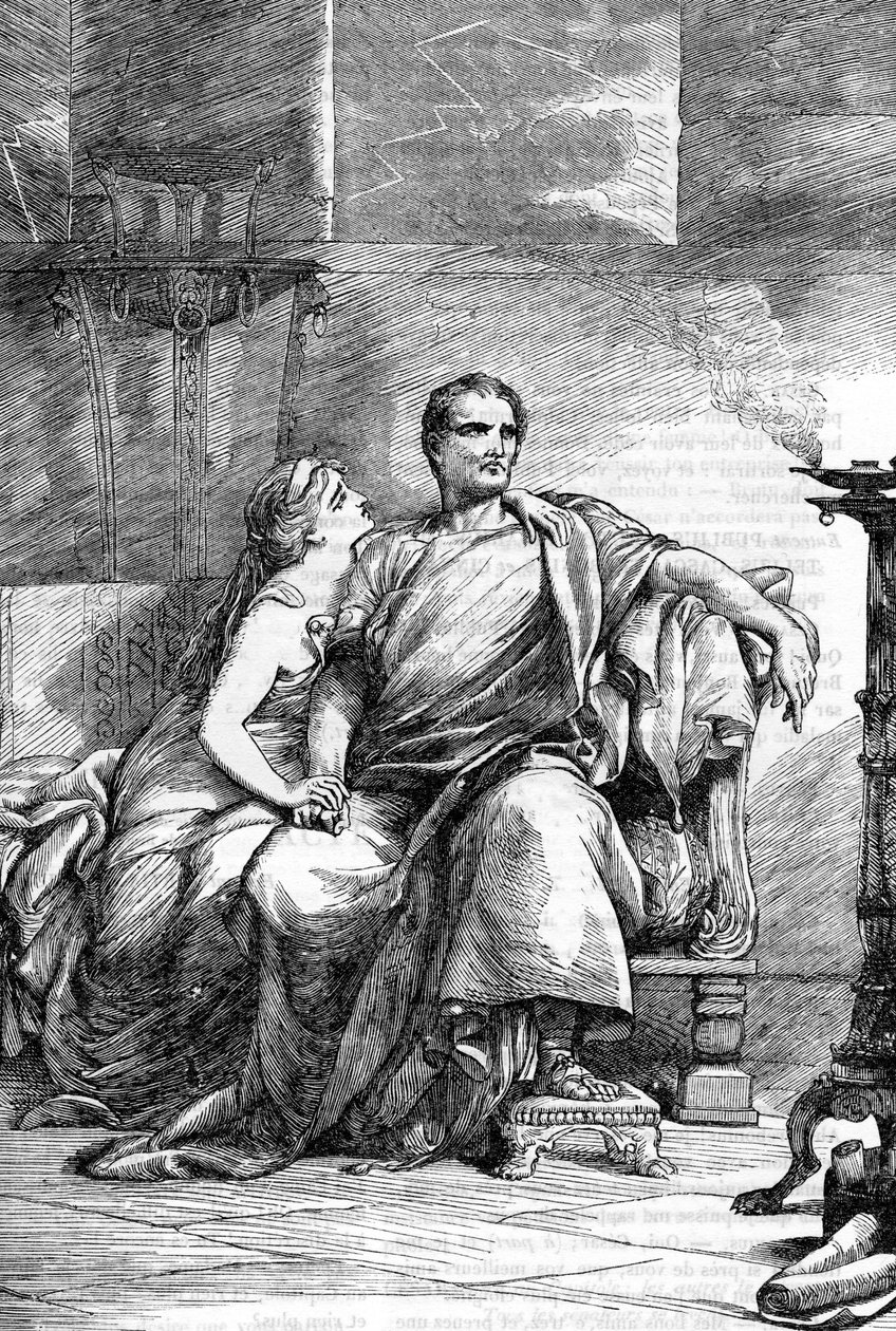 Calpurnia (Calpurnia Pisonis) i Cezar - Jules Cesar - Tragedia Juliusza Cezara - Ilustracja w „” Completes de William Shakespeare”” 1866 - Ilustracje i ogólna forma tego wydania zostały zapożyczone z ilustrowanego przez Cassella Shakespeare, pub autorstwa English School