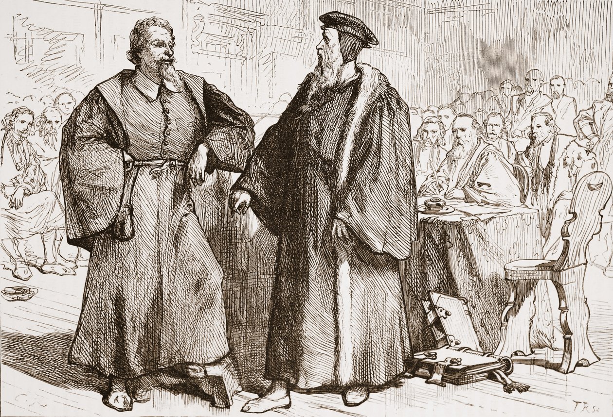 Kalwin i Serwet przed Soborem Genewskim, ilustracja z Historii protestantyzmu Jamesa Aitkena Wylie (1808-1890), wyd. 1878 autorstwa English School