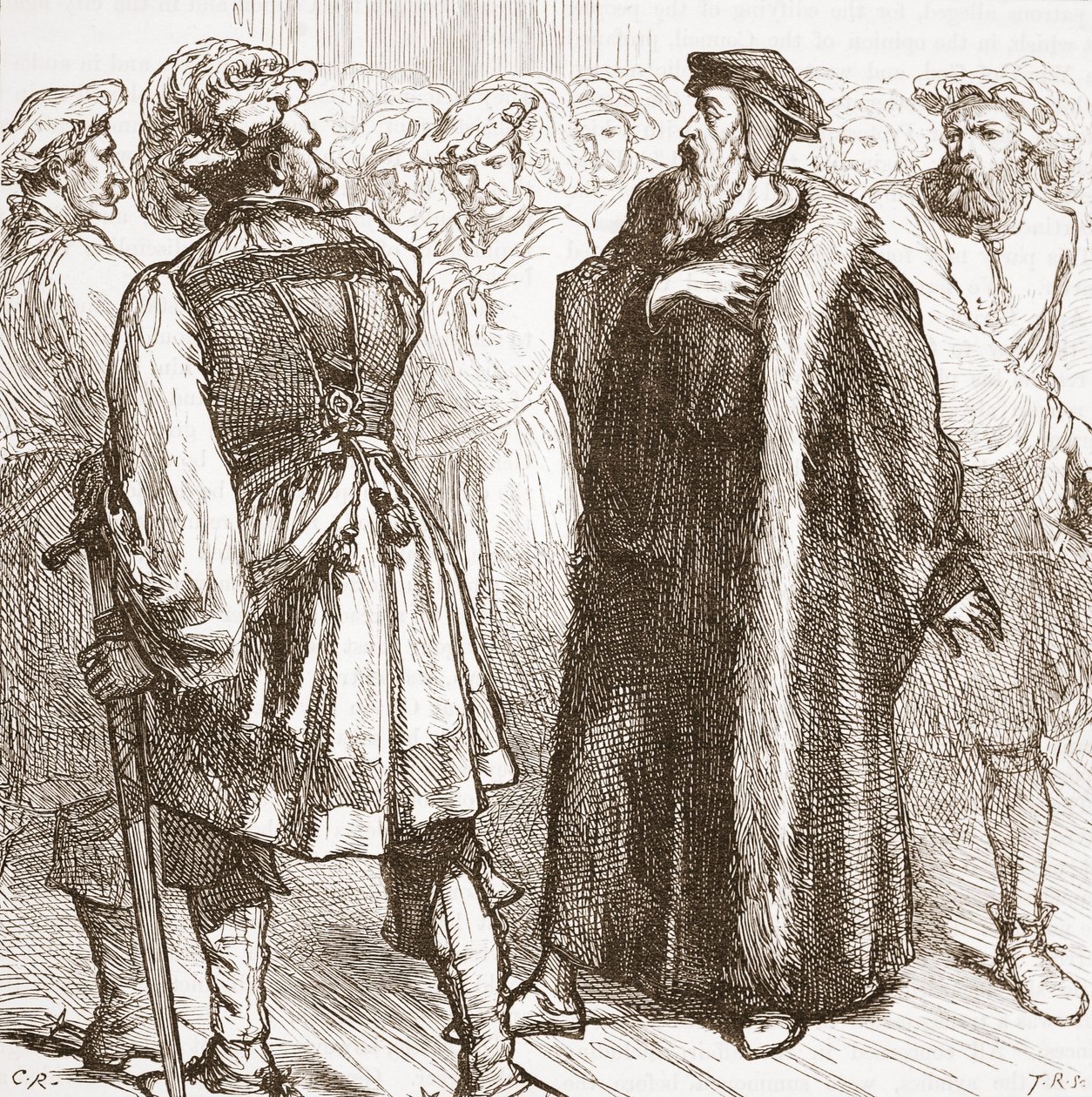 Kalwin przed swoimi wrogami w Radzie, ilustracja z Historii protestantyzmu Jamesa Aitkena Wylie (1808-1890), wyd. 1878 autorstwa English School