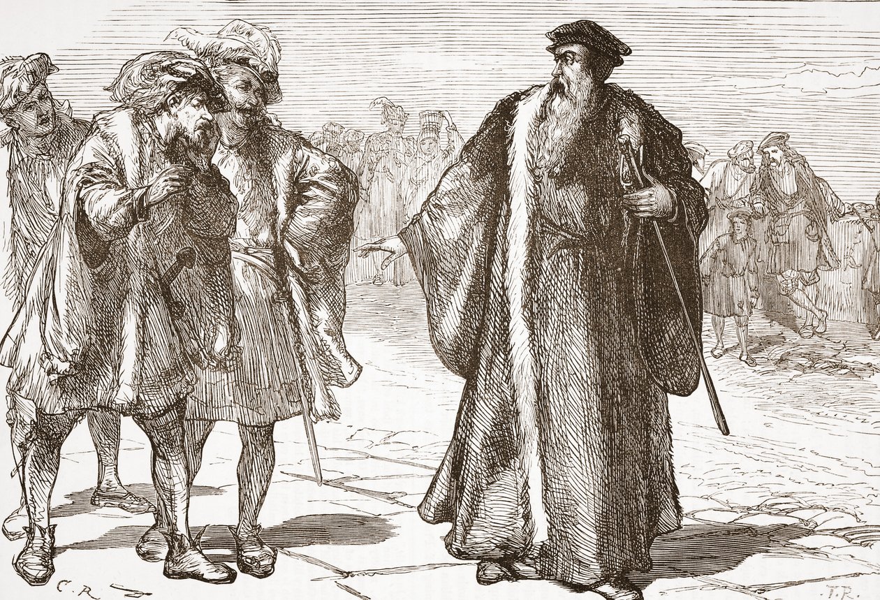 Kalwin znieważony przez libertynów na moście Rodanu, ilustracja z Historii protestantyzmu Jamesa Aitkena Wylie (1808-1890), wyd. 1878 autorstwa English School