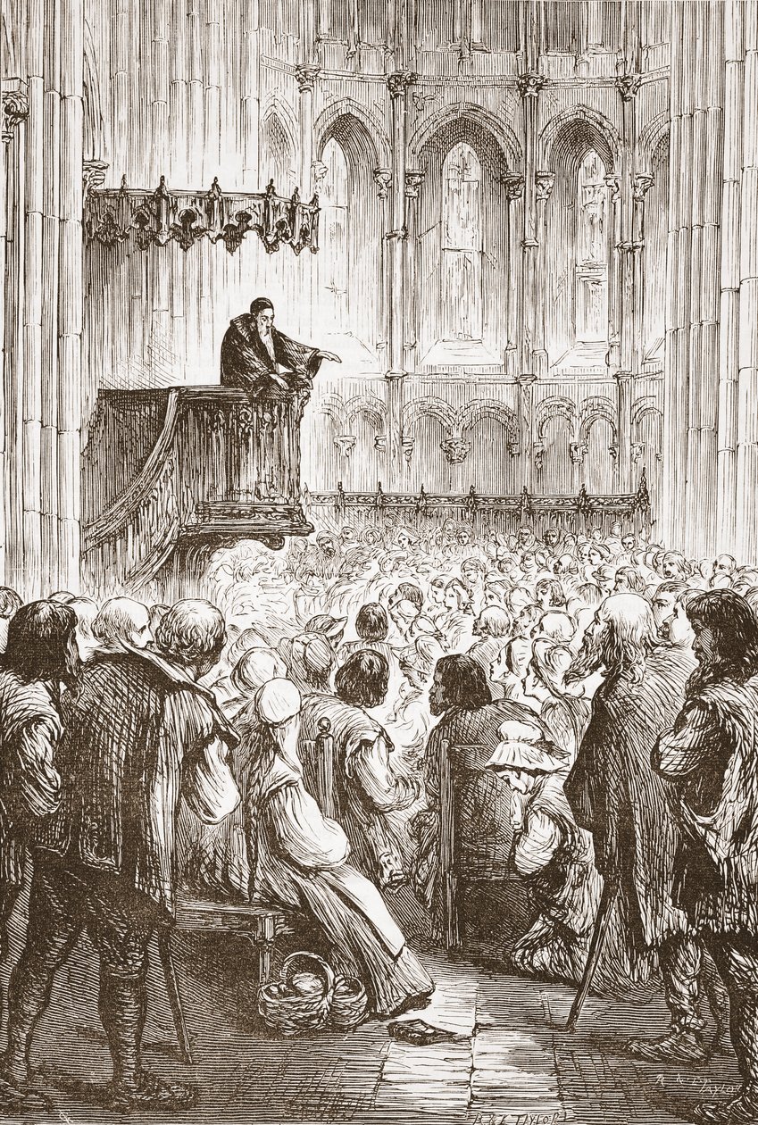 Calvin wygłasza kazanie pożegnalne w oczekiwaniu na wygnanie, ilustracja z Historii protestantyzmu Jamesa Aitkena Wylie (1808-1890), wyd. 1878 autorstwa English School